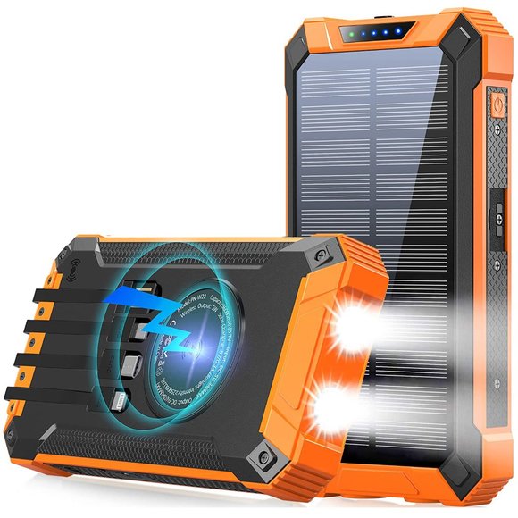 36000mAh Solar Charger Power Bank Fast Charging with 4 Cables, Qi Wireless Cha